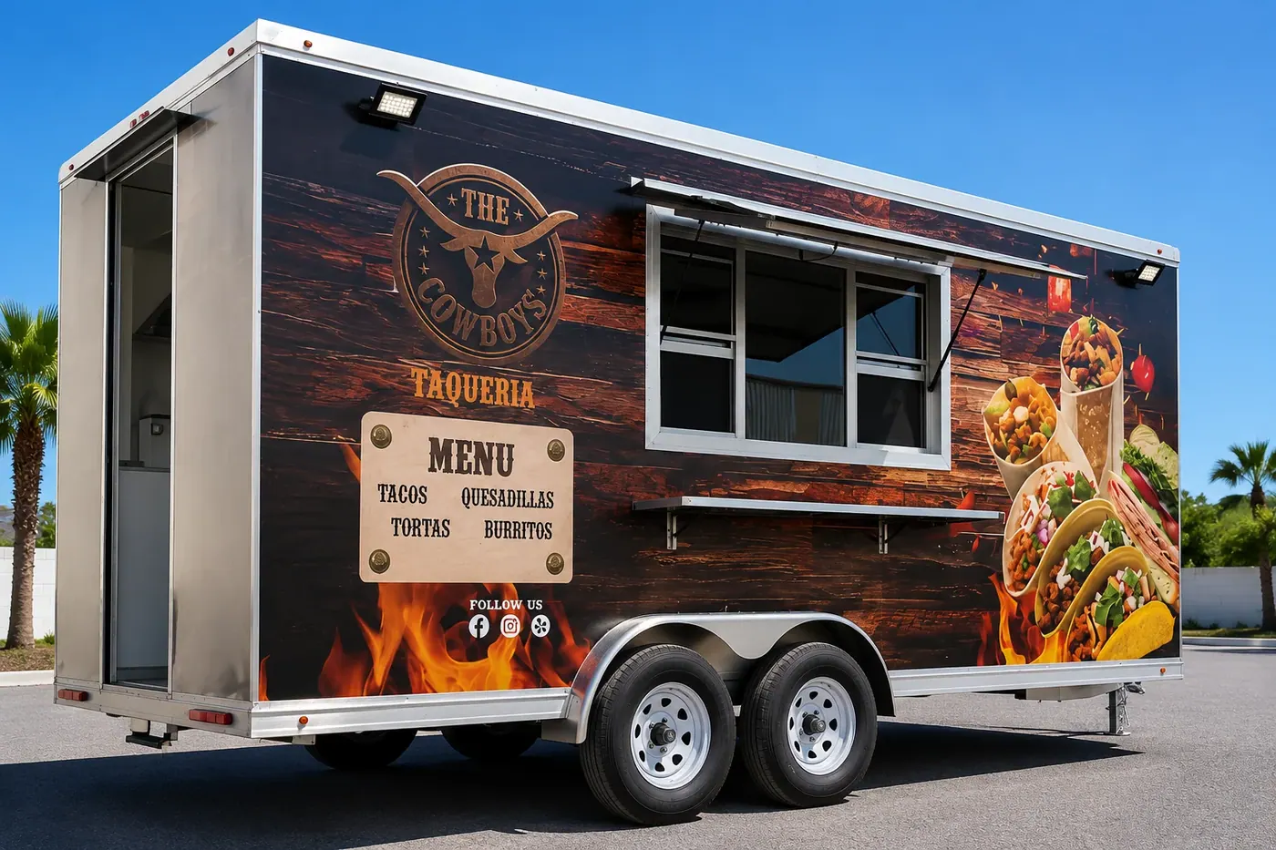 16ft Trailuxe food trailer, doors open showing the kitchen