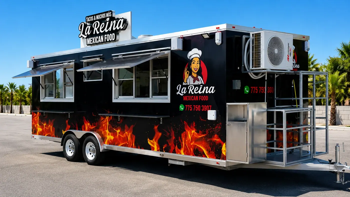 24ft food trailer, doors open showing the kitchen